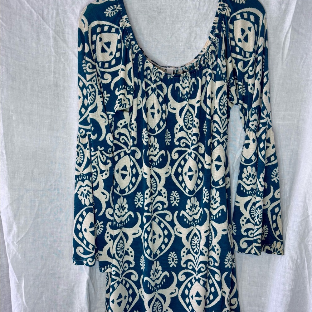 Blue-Green and Tan Patterned Bell Sleeve Short Dress